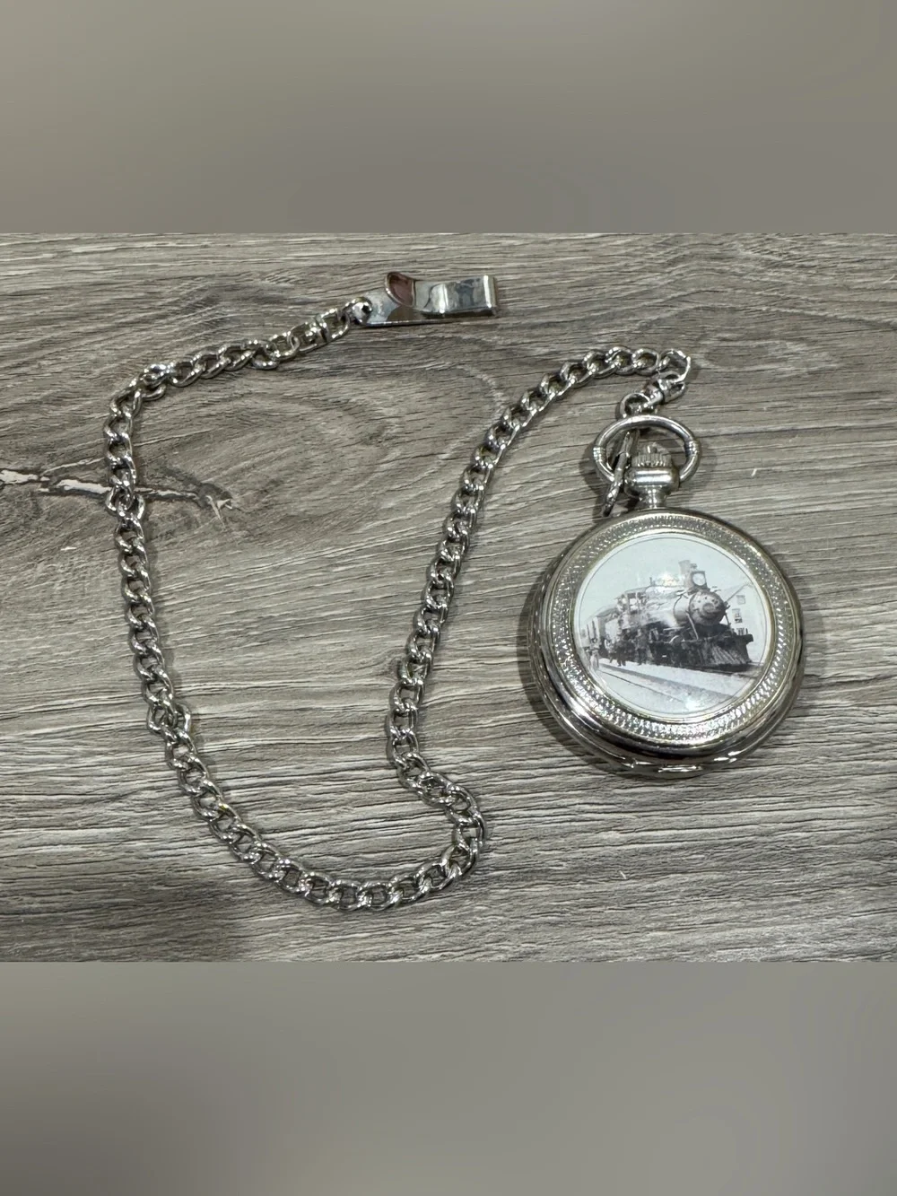 Silver Pocket Watch with Train Motif and Chain - Men Accessories